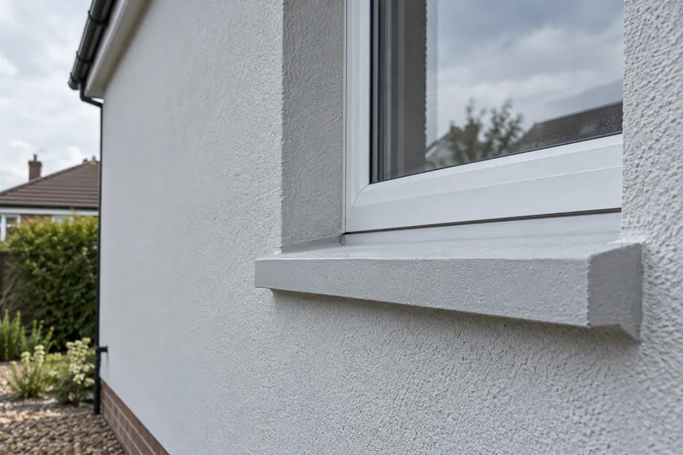 Illustrative close view of textured render at a window and projecting sill