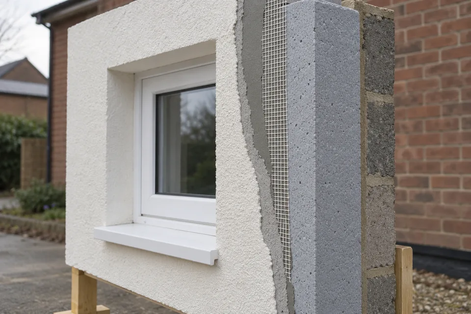 Illustrative external insulation sample showing board, mesh and render layers
