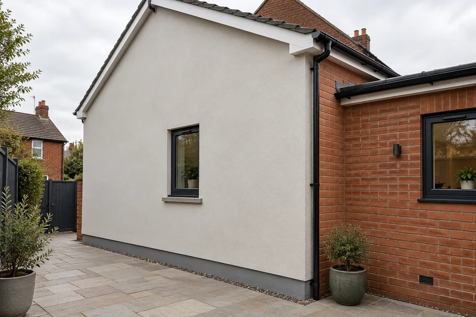 A single rendered elevation meeting retained brickwork